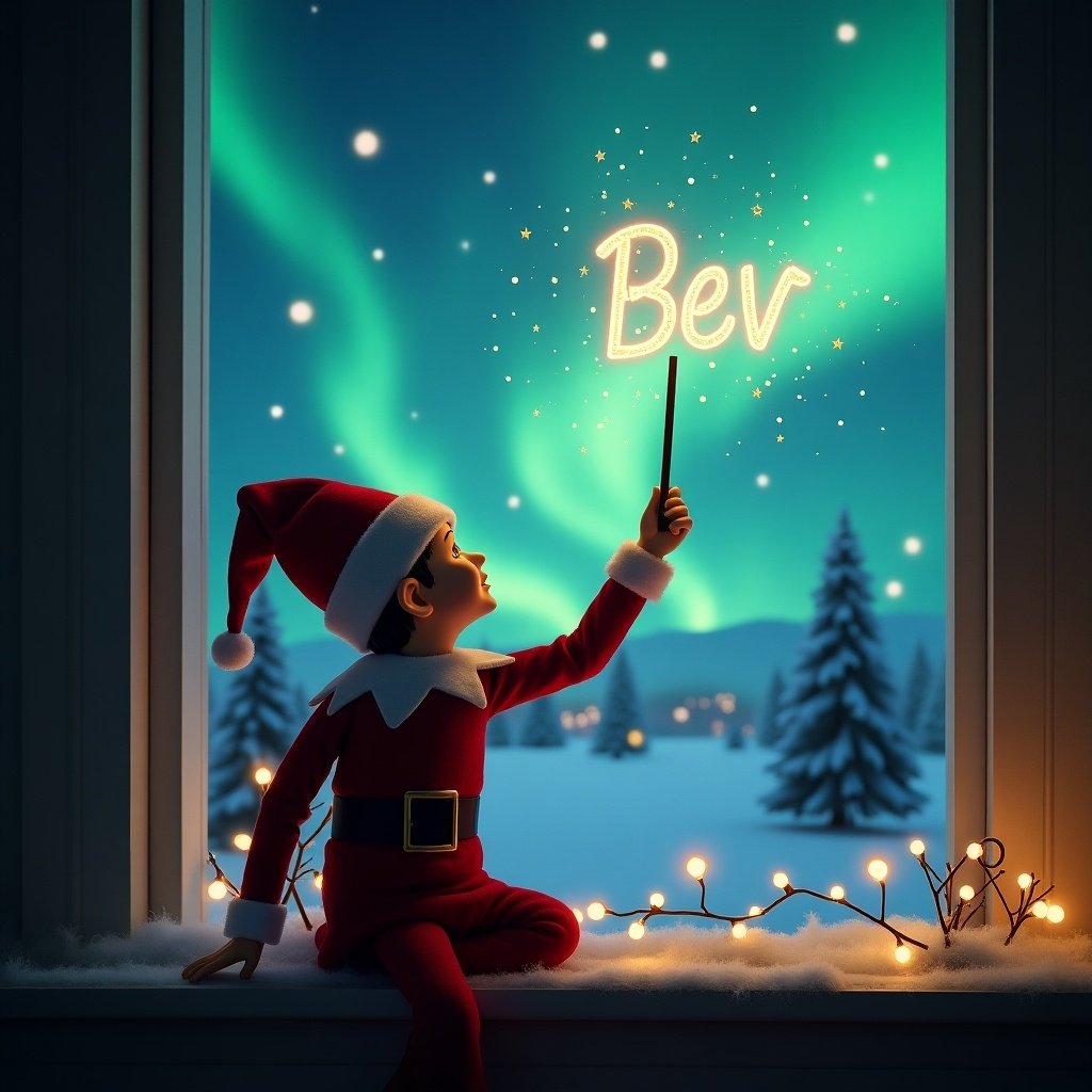 A festive scene captures an elf on the shelf sitting on a window sill. The elf is dressed in a classic red outfit with a white trim and has his back turned to the viewer. He is looking up at the night sky, using a wand that creates the word 'Bev' in sparkling light. Outside the window, a magical Christmas landscape unfolds with glowing northern lights and silhouettes of snow-covered trees. Soft Christmas lights adorn the window sill, adding to the cozy atmosphere. This enchanting image evokes feelings of wonder and holiday spirit.