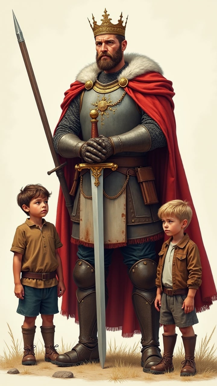 The image depicts a regal king clad in ornate armor and a red cape, flanked by two young children. The king, with a commanding presence, holds a sword and bears a crown, while the children gaze up at him in awe. The serene background highlights the intricate details of the characters' attire, evoking a sense of historical grandeur and guardianship.