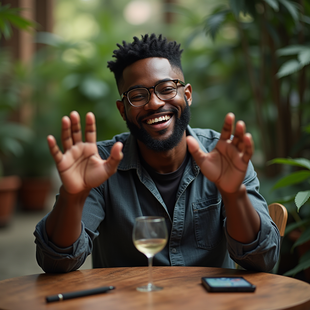 A smiling man sits at a table with a glass of white wine, surrounded by indoor plants.