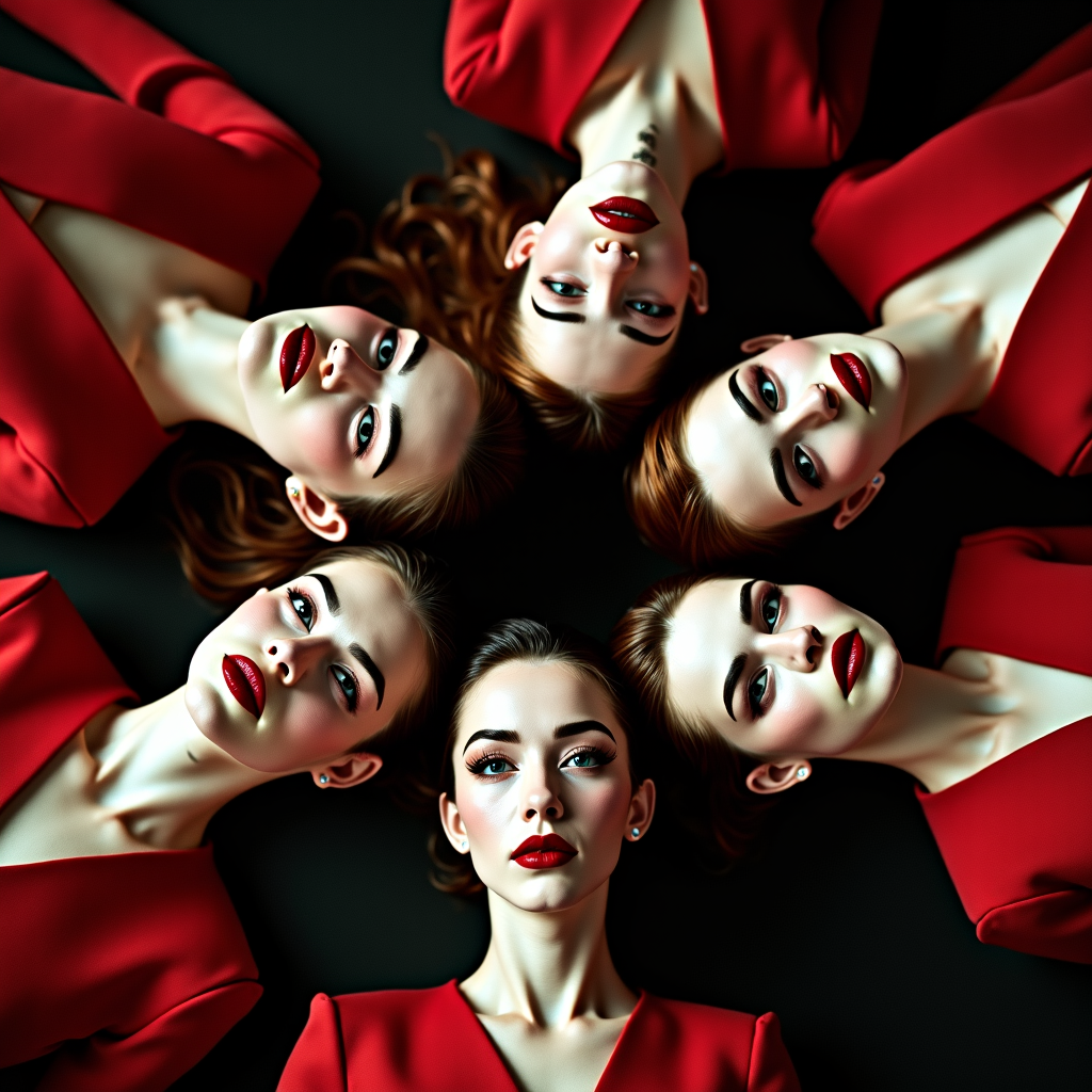 Six women with perfect makeup and red outfits lay symmetrically in a circle on a dark background, creating a striking visual composition.