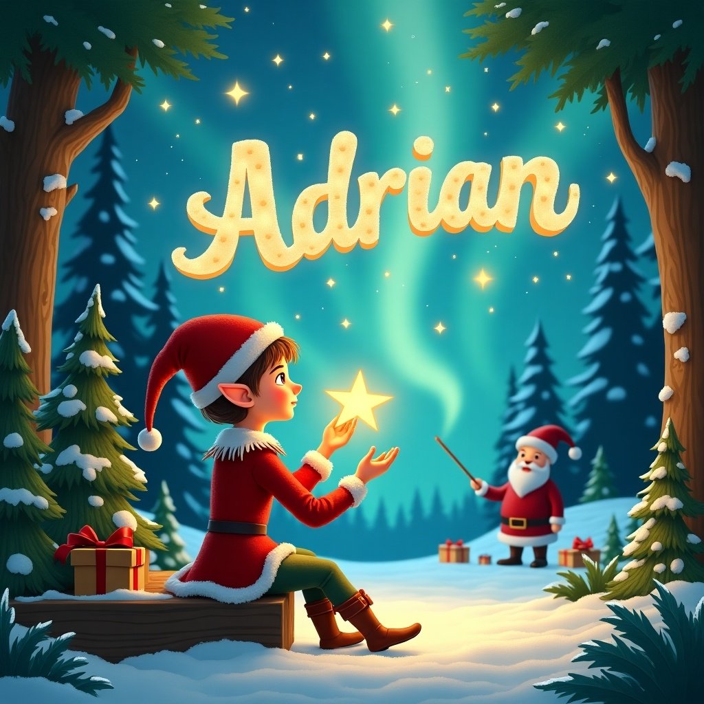 In a magical forest, a young elf with pointed ears and a festive outfit sits on a wooden platform. She is holding a glowing star in her hands, amidst lush greenery. The background contains tall trees with soft, ethereal light filtering through the leaves. Above, the name 'Adrian' is written in whimsical cloud-like letters, surrounded by hints of blue and white. Small woodland elements like a cozy basket and a charming little gnome enhance the enchanting scene.