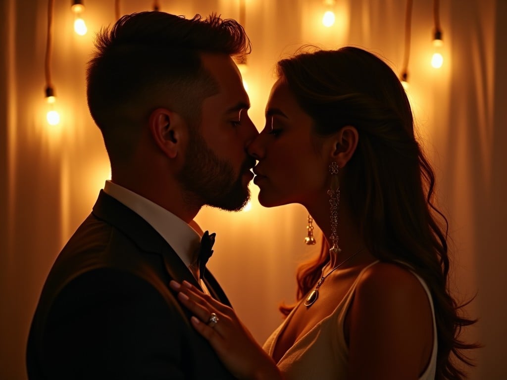 In this intimate and romantic scene, a couple shares a gentle kiss against a backdrop of warm, glowing lights. The soft focus on the background enhances the couple's features, capturing their closeness and emotional connection. The lighting casts a beautiful, golden hue on their faces, emphasizing the sincerity and warmth of their moment together. The atmosphere is serene and filled with love, making it perfect for any romantic theme. This image beautifully represents love, intimacy, and the magic of shared moments.