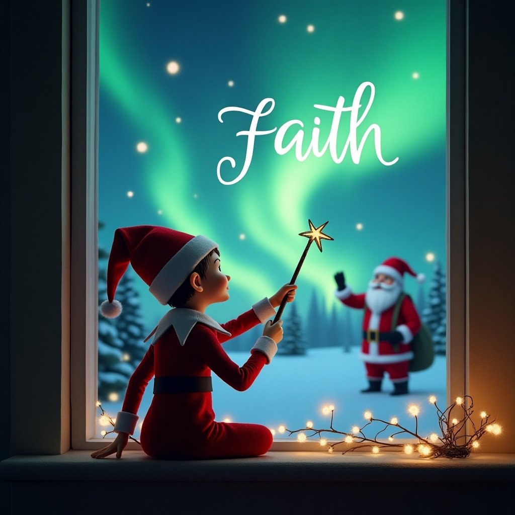 A scene featuring an 'Elf on the Shelf' with its back to the viewer, looking up at the sky. The elf is holding a wand and magically writing the word 'Faith' in the sparkling air. In the background, a magical Christmas landscape is illuminated by vibrant Northern Lights. Santa Claus is visible nearby, creating a whimsical atmosphere. The window frame adds a cozy touch to the enchanting scene. There are fairy lights artistically arranged around the elf, enhancing the festive feel.