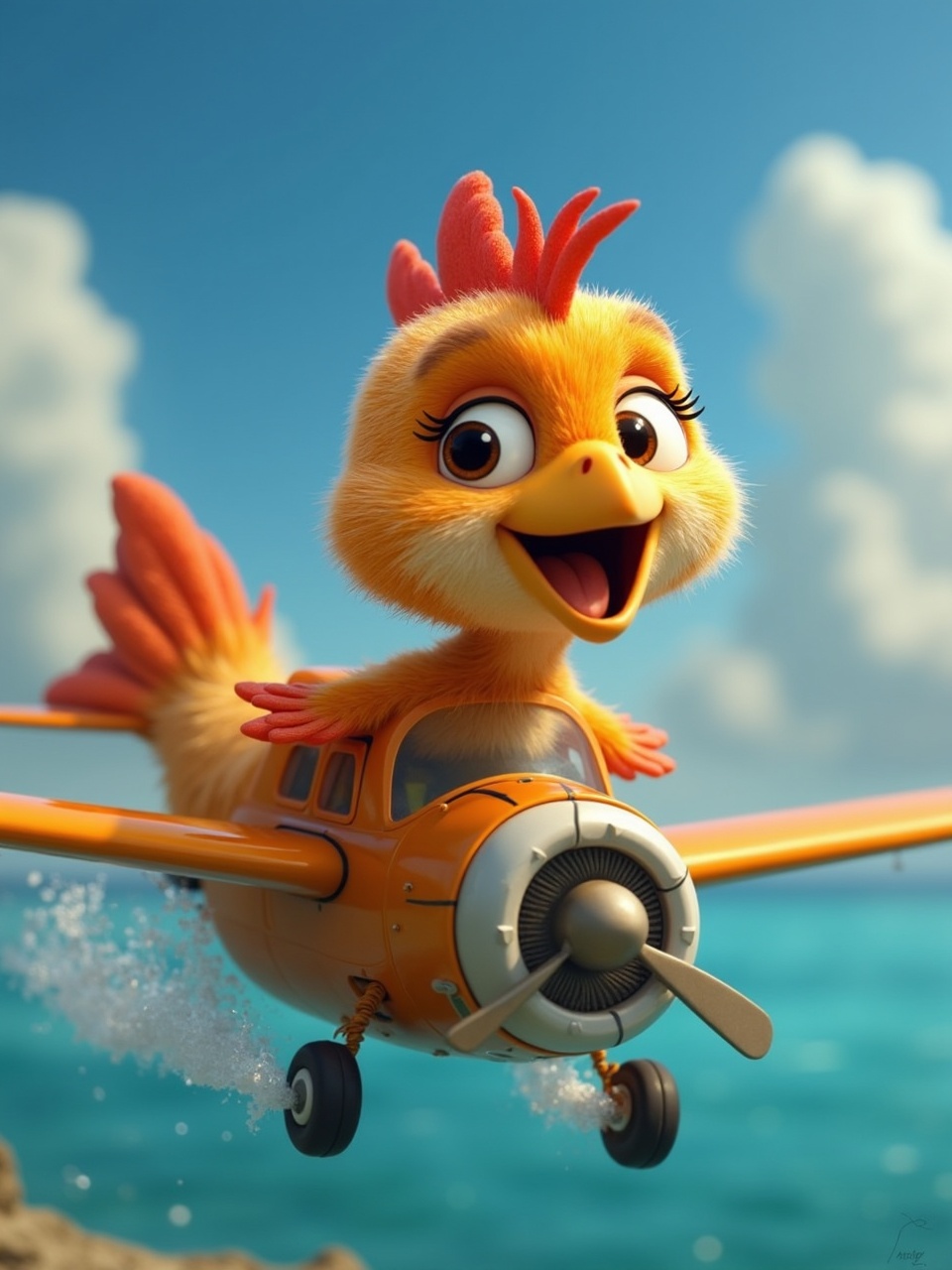 This vibrant illustration depicts a cheerful, anthropomorphic bird joyfully soaring through the sky. The bird is uniquely combined with an orange propeller airplane, creating an animated and whimsical appearance. The background features a clear blue sky with fluffy clouds, adding to the sense of adventure and freedom.