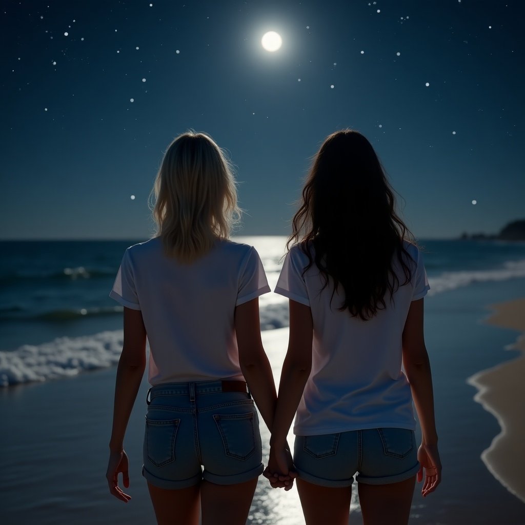 A photorealistic image capturing a serene moment on a beach at night. Two young women are seen from the back, walking hand in hand along the shore. The woman on the left has shoulder-length blonde hair, and the woman on the right has long, dark wavy hair. They are dressed casually in t-shirts and shorts, with their hands artistically detailed. Above them, a dark sky is dotted with bright stars and illuminated by a quarter moon, adding a magical ambiance to the scene. The gentle waves of the ocean create a calming backdrop.