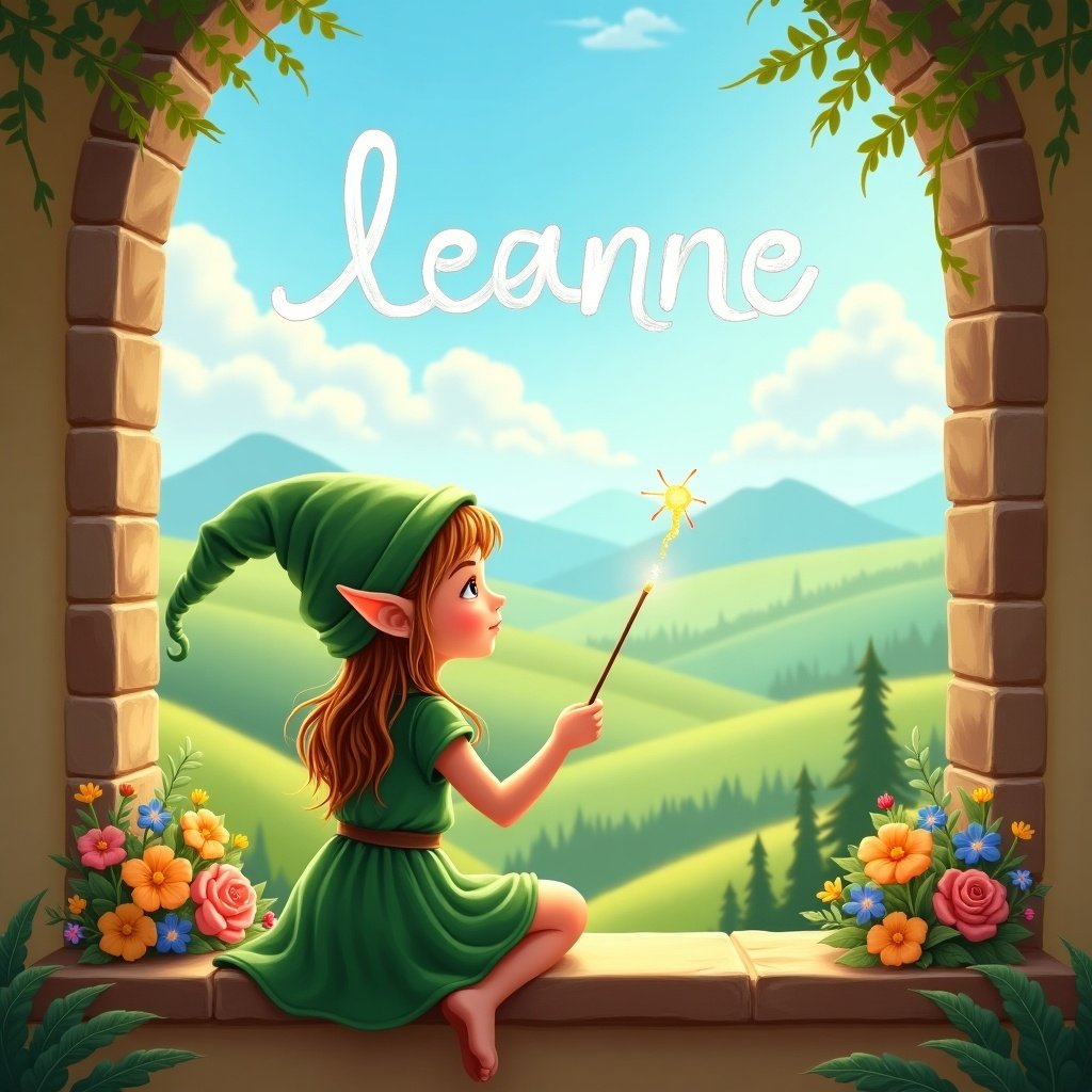 A cute girl elf named Leanne sits on a window ledge, overlooking a beautiful landscape. She has pointed ears and is wearing a green dress and a matching hat. In her hand, she holds a wand, which she uses to write her name in the sky. Colorful flowers decorate the ledge, enhancing the magical atmosphere. The background features rolling hills and a bright blue sky filled with soft clouds. The scene is warm and inviting, perfect for children's literature and fantasy art.