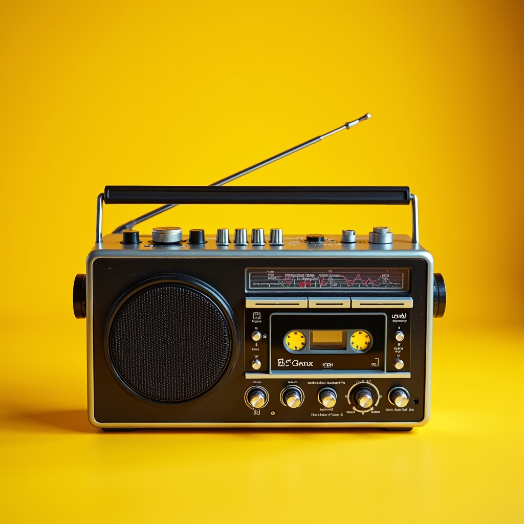 A vintage cassette radio with a yellow background, featuring dials and an antenna.