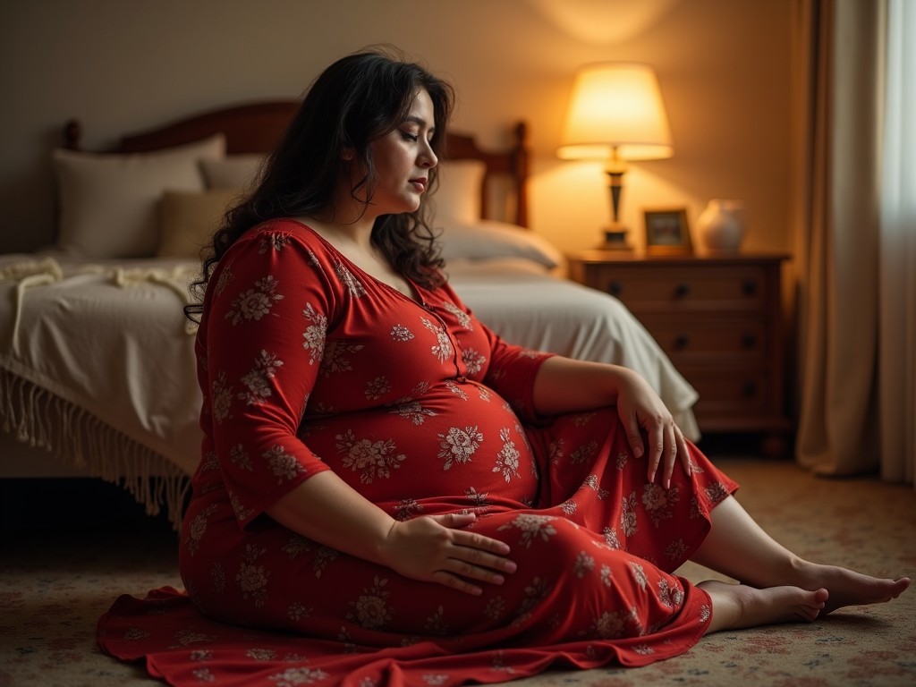 A woman in a red floral dress sitting thoughtfully on the floor of a cozy bedroom, ambient lighting from a lamp creating a peaceful atmosphere.