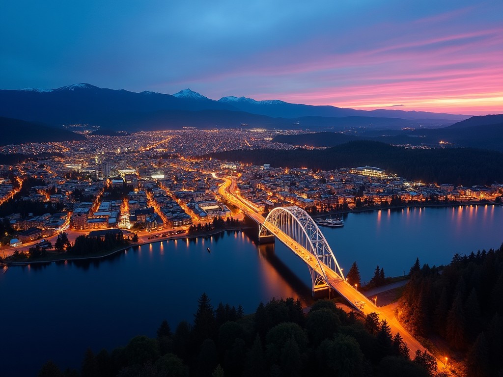 aerial view of a city at dusk, with a brightly lit bridge crossing a body of water, mountains in the background, and a colorful sunset sky