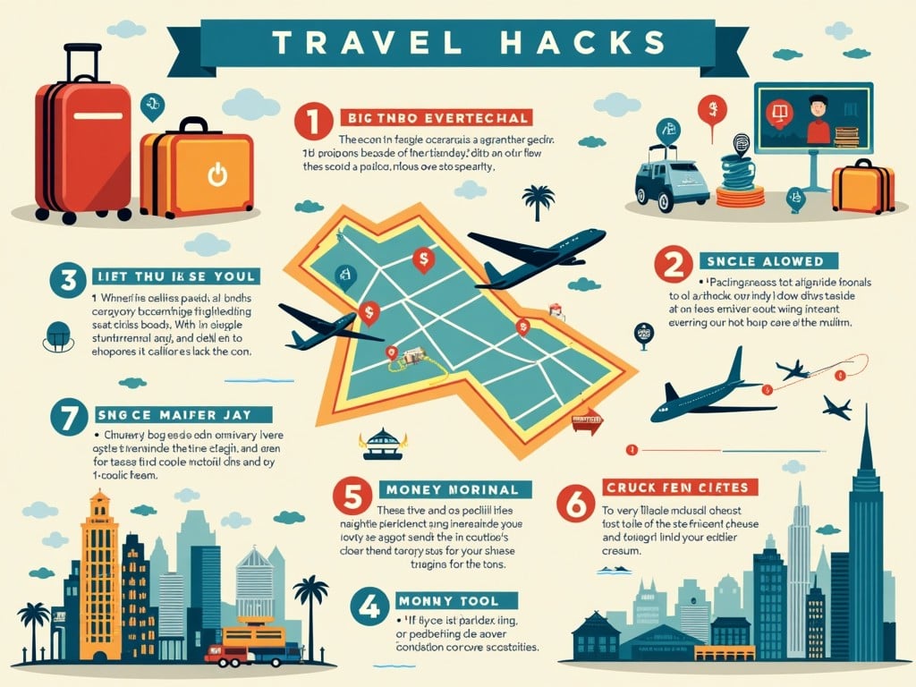 The image illustrates various travel hacks in a visually appealing way. It features a map filled with icons that represent different travel tips. Colorful illustrations of luggage, airplanes, and cities enhance the theme of travel. Each hack is numbered and highlighted with fun graphics. This image serves as a useful guide for travelers looking to improve their journey. It's designed to attract attention on travel-related platforms and articles.