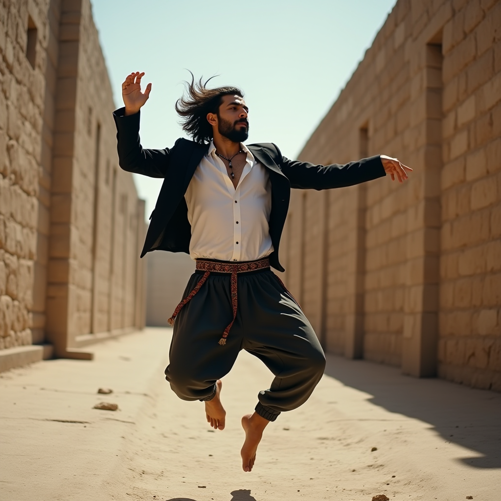 A person dynamically captured mid-jump between stone walls in a desert setting.