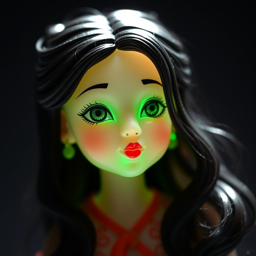 A stylized doll with luminous facial features accented by green light.