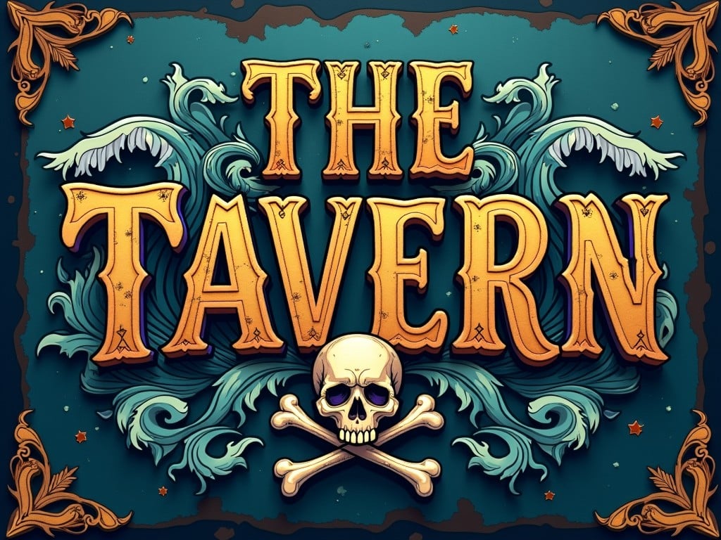 This image features the word 'THE TAVERN' in bold, ornate lettering. The skull and crossbones positioned beneath add a pirate-like or ominous feel, while swirling blue and teal vines or waves decorate the background. Intricate golden embellishments adorn the corners, enhancing the vintage and whimsical look.