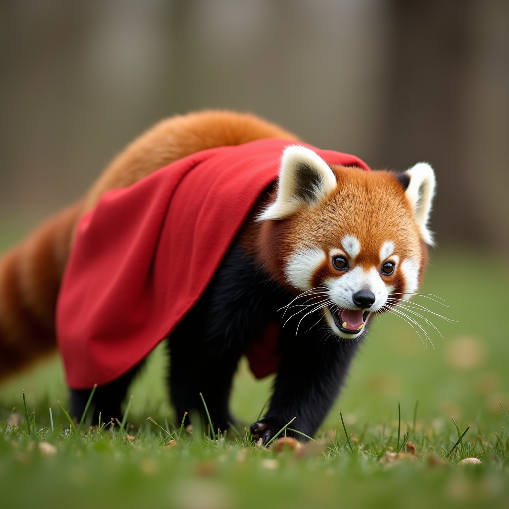 A red panda confidently prowls across grass, draped in a vibrant red cape.