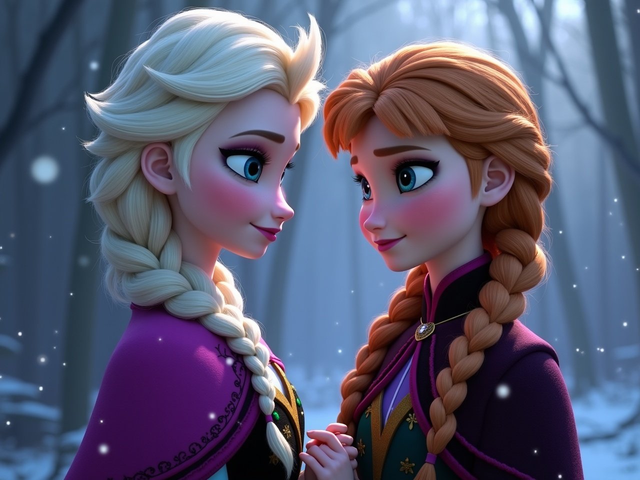 Create an image showcasing Elsa and Anna from Disney's Frozen. They should be standing next to each other, displaying expressions of love and connection. The background should be subtle and magical, with a wintery feel featuring soft snowfall and a misty forest setting. Their outfits should be vibrant and colorful, emphasizing their characteristics. The lighting should create a warm glow around them, enhancing the magical atmosphere. This image should evoke feelings of warmth and sisterly bonds, appealing to fans of the franchise.