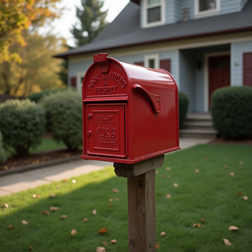 A bright red mailbox stands in front of a suburban house with autumn leaves scattered on the lawn.