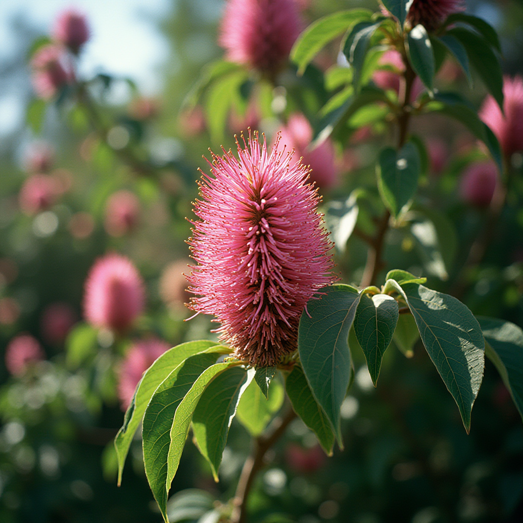 Bright pink fluffy flowers bloom on a leafy green plant in a sunny setting.