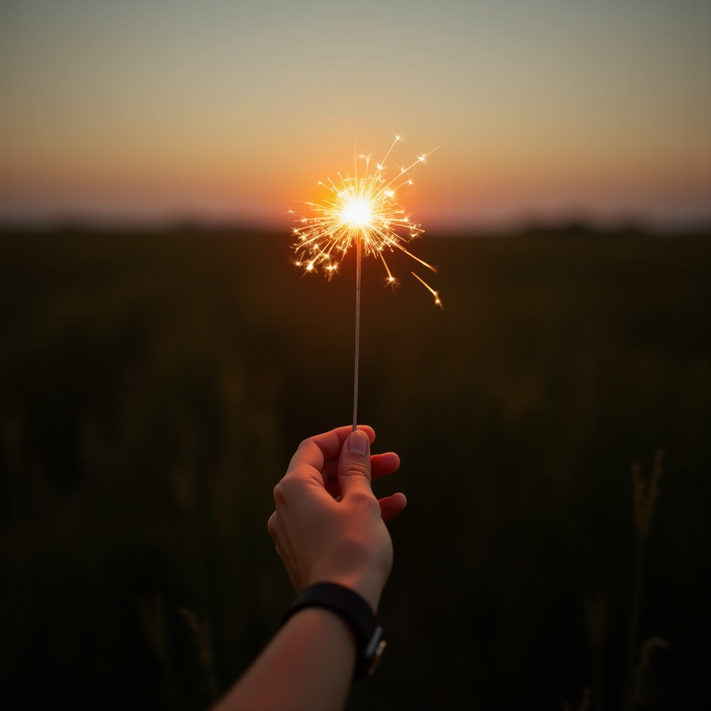 A sparkler is held by a hand against a sunset backdrop.