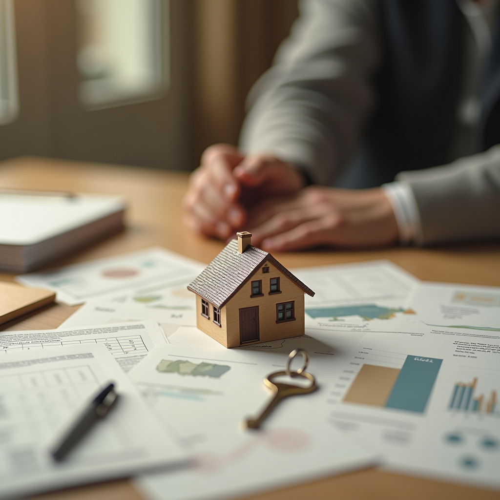 A small house model sits on a table surrounded by financial documents and a key, with a person nearby.