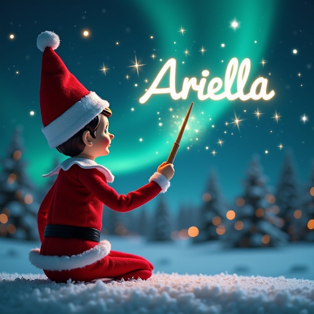 An enchanting Christmas scene featuring an elf on the shelf. The elf is positioned with its back to the viewer, gazing upwards into a night sky filled with northern lights. It holds a magic wand, elegantly inscribing the name 'Ariella' into the sky. The background is a whimsical winter landscape, complete with snow-covered trees and twinkling stars. This image captures the essence of Christmas magic and joy, making it perfect for holiday-themed art or marketing.