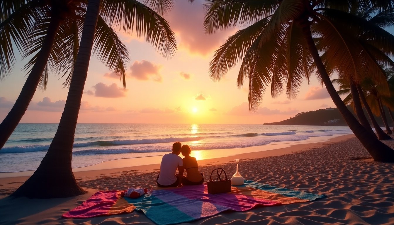 This image shows a couple seated closely on a colorful blanket on the beach during sunset. The sun is setting over the waves, creating a beautiful golden hue in the sky. Palm trees frame the scene, adding to the tropical vibe. The couple is enjoying a moment of intimacy, with a peaceful beach setting around them. This serene atmosphere evokes feelings of love and tranquility, perfect for a romantic getaway.