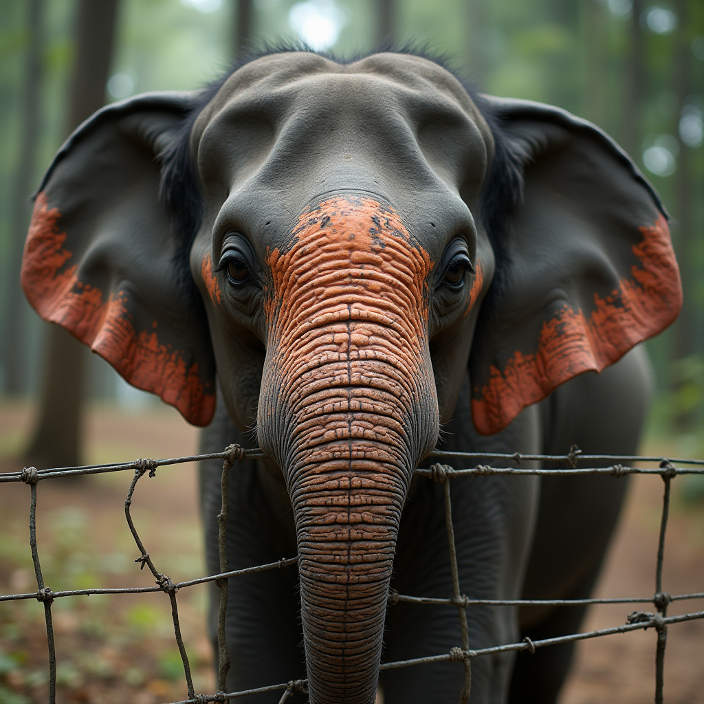 An elephant with distinct colored markings on its ears and trunk stands behind a wire fence in a forested area, looking directly at the viewer.