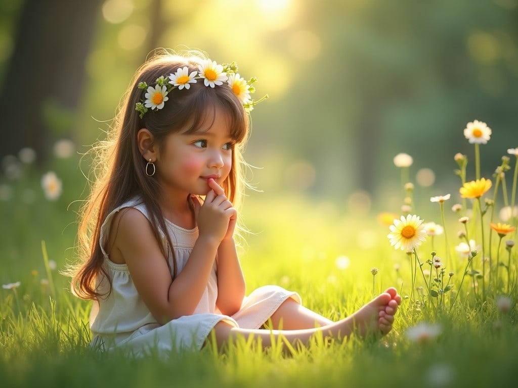 The image depicts a young girl sitting in a sunlit meadow, surrounded by blooming daisies. She has long, flowing hair and wears a simple dress. A crown of flowers adorns her head, adding a touch of innocence and charm. She sits with a thoughtful expression, her finger on her lips, as if pondering something delightful. The warm sunlight bathes the scene in a golden hue, creating a serene and magical atmosphere.