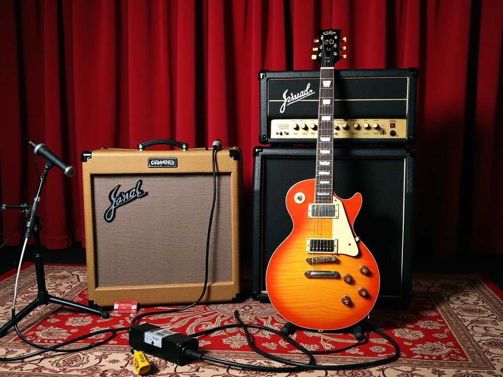 The image shows a vibrant setup of musical equipment, ideal for a performance. On one side, there is an electric guitar with a sunburst finish resting against an amplifier. The amplifier appears to be connected by cables to two large speaker cabinets, one of which is labeled. The background features a rich red curtain that adds warmth to the scene. The platform is covered with an ornate rug that complements the warm colors of the guitar and amp. Various cables are scattered, indicating an active connection for sound. The overall atmosphere is creative and ready for music.