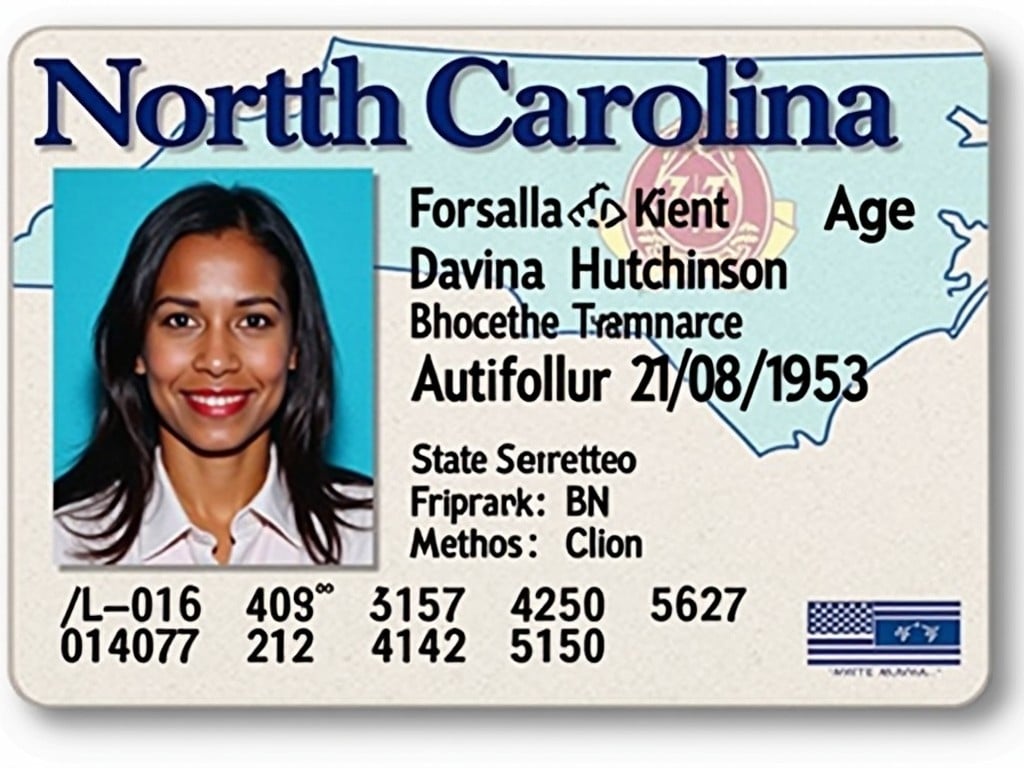 This image depicts a North Carolina ID card with the name Davina Hutchinson. The card highlights the age as 71 and the date of birth as 21/08/1953. The background features a map of North Carolina. The card is styled in typical government format with an official look. It includes distinct colors of blue, white, and red, giving it a patriotic touch. The identification photo shows a clear headshot of the individual. The layout is clean and professional, suitable for identity verification purposes.