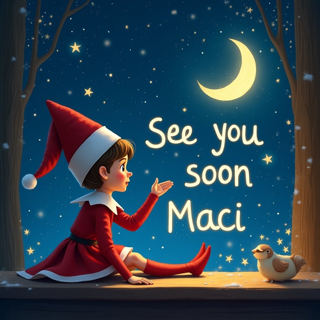 The image depicts a cheerful girl elf sitting on a wooden ledge at night. She is wearing a traditional red outfit with a pointed hat, looking curiously upwards. In the sky, the words 'See you soon Maci' are glowing softly, illuminated by the light of the crescent moon. A small bird is perched nearby, adding a whimsical touch to the scene. The background is filled with twinkling stars and a serene night ambiance that evokes a sense of magic and warmth.