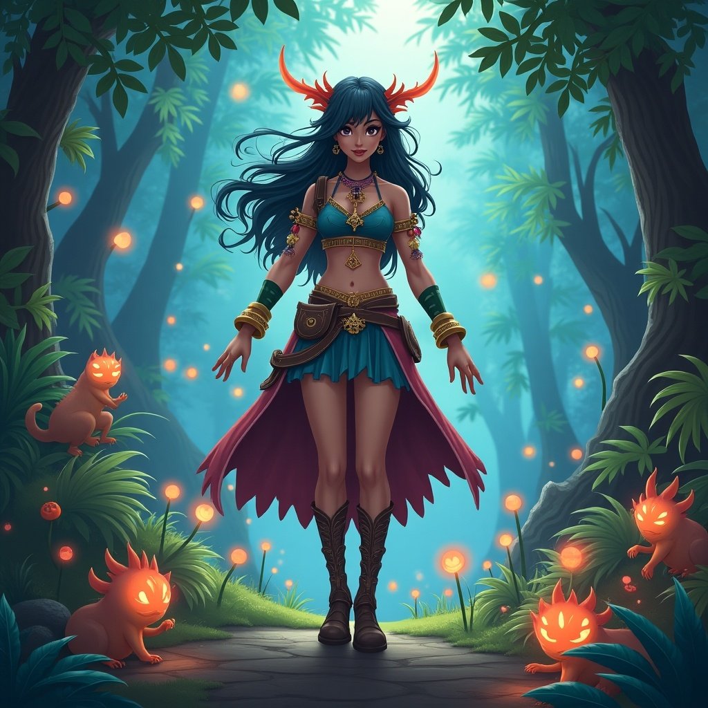 This image features a female fantasy character named Kamari, depicted standing in a mystical forest. She has long flowing hair and wears a vibrant outfit consisting of a turquoise top and a flowing skirt, complemented by accessories such as jewelry and a belt. Her most notable features are the majestic antlers on her head, which give her a connection to nature and magic. The background is filled with lush greenery, glowing orbs of light, and curious creatures with playful expressions. The overall atmosphere is enchanting, aiming to evoke a sense of adventure and wonder.