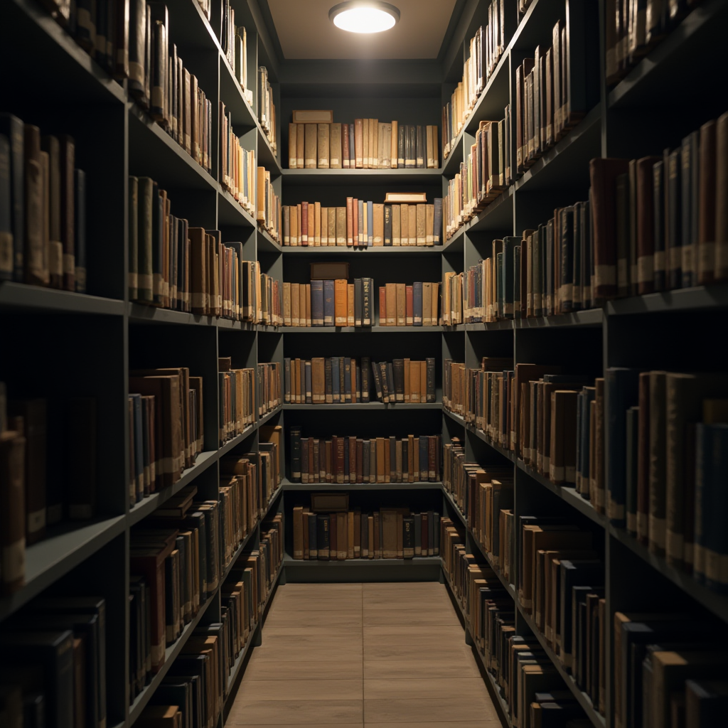 A narrow aisle in a dimly lit library filled with shelves of books.