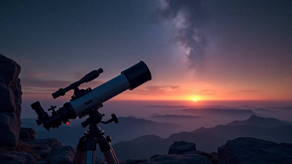 The image captures a stunning night sky above a mountainous landscape, with a telescope poised on rocky terrain. The Milky Way arc is prominently visible, adding a celestial grandeur. As the horizon fades, the last hues of a sunset create a gradient from warm oranges to deep blues, enriching the scene's tranquility and majesty.