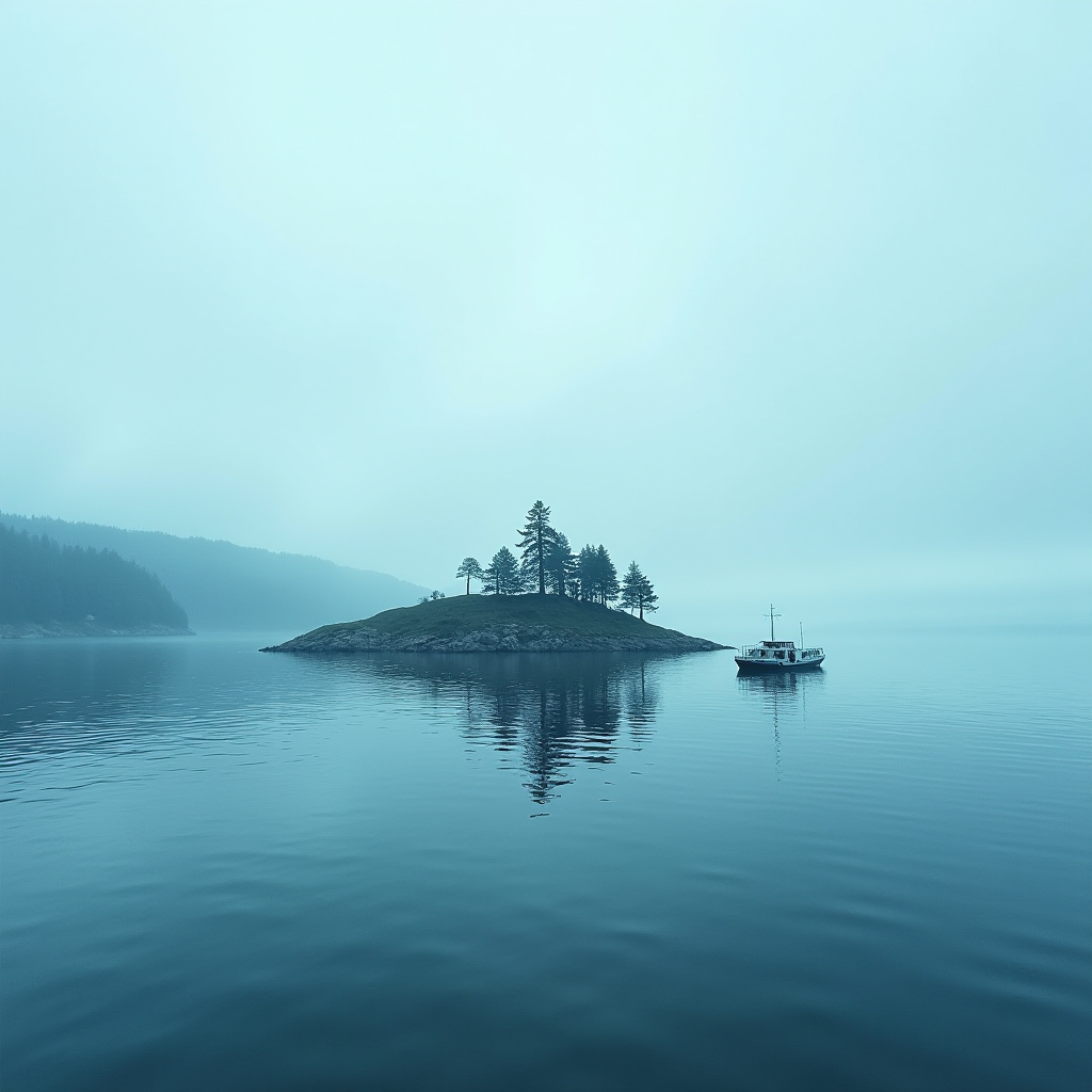 A tranquil view of an isolated island with trees surrounded by calm water and a solitary boat under a misty sky.