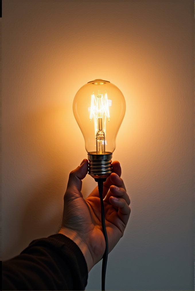 A hand holding a lit incandescent bulb against a softly glowing wall, casting a warm light.