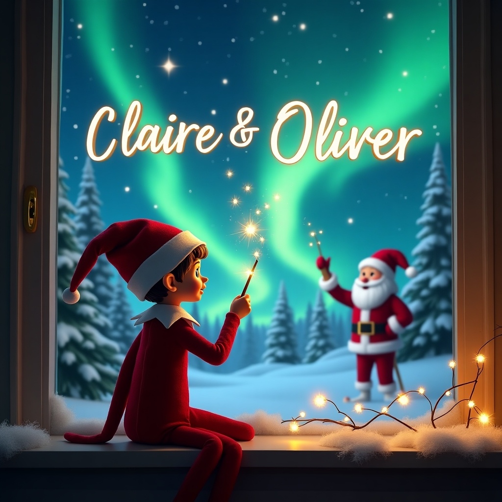 The scene features the back of an elf on the shelf, dressed in a festive outfit, who is facing the window. Using a magic wand, the elf elegantly writes 'Claire & Oliver' in the sky. In the background, a magical winter landscape unfolds, illuminated by vibrant northern lights. Santa is visible, adding to the Christmas charm of the image. The room is decorated with soft white snow and twinkling lights, enhancing the festive atmosphere.