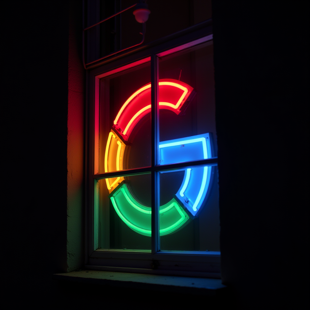 A neon sign in primary colors shaped like a 'G' is illuminated in a window.