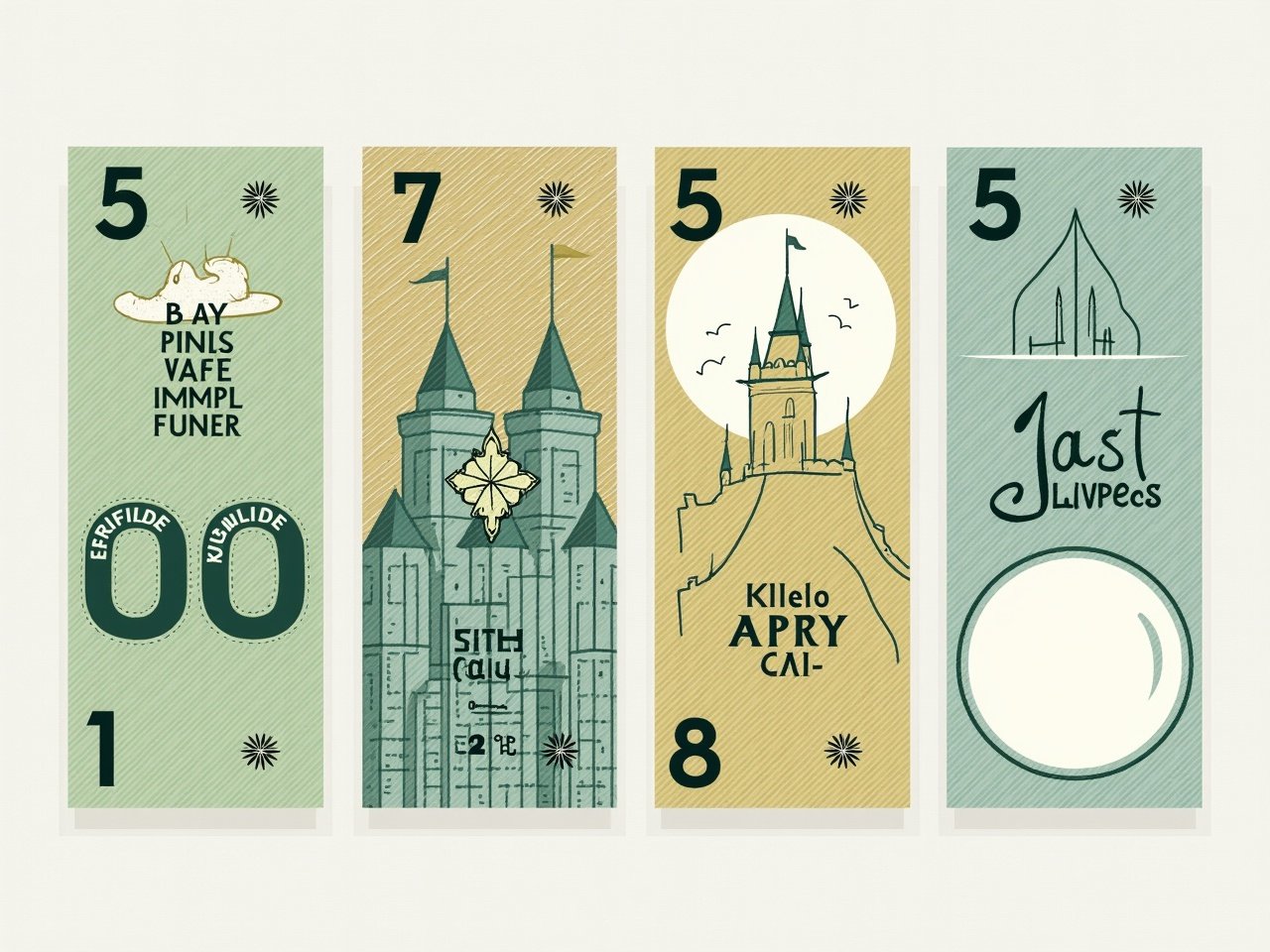 This image showcases a unique banknote design featuring illustrations of castles and whimsical elements. Each note has a distinct number, giving it a collectible feel. The color palette primarily uses green and beige tones, enhancing its vintage aesthetic. The designs incorporate architectural features that evoke a sense of fantasy and charm. Ideal for both art enthusiasts and those interested in currency design, these notes combine creativity with functional visuals.