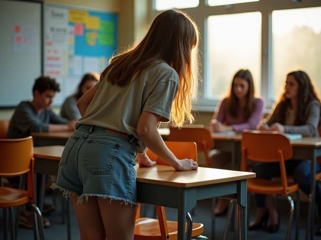 The image captures a classroom scene with sunlight streaming through a window, illuminating a group of students. In the foreground, a young person is adjusting a desk. The sunlight creates a warm, inviting atmosphere, casting soft shadows and highlighting the students' interactions, which appear casual and friendly.