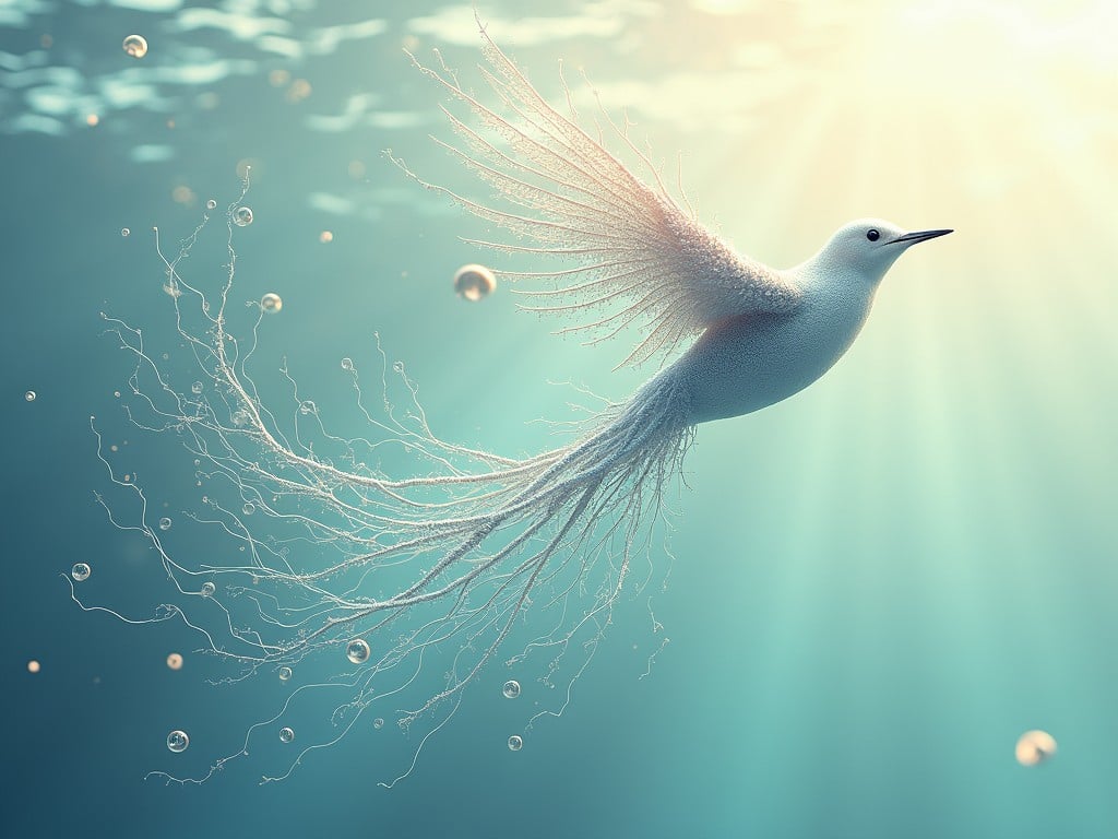 A fantasy bird with ethereal feathers gracefully soars against a magical, glowing backdrop.