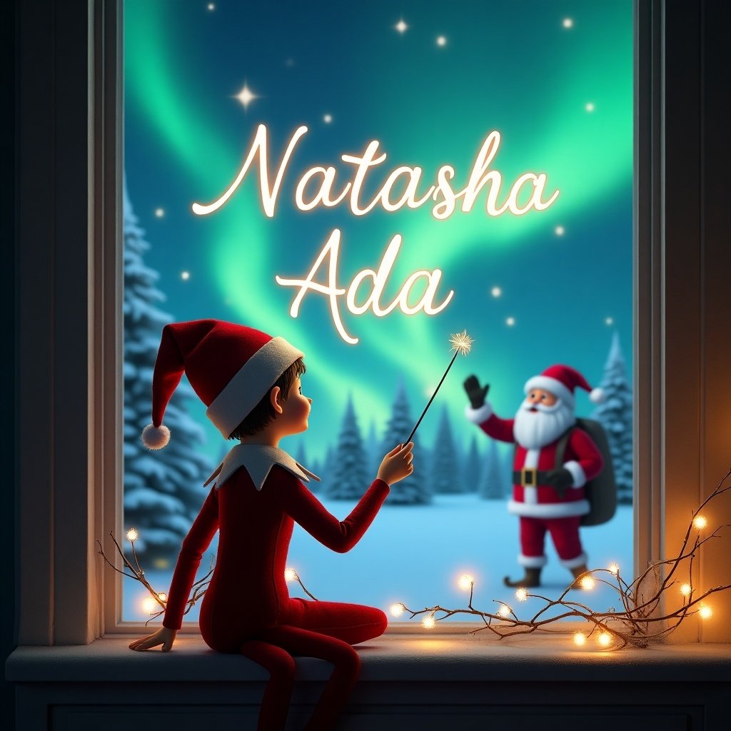 In a cozy room during Christmas, an elf sits with his back to the viewer, gazing outside at a magical scene. He holds a wand, skillfully tracing the names 'Natasha' and 'Ada' in the air as colorful northern lights dance in the sky. In the background, Santa Claus appears joyfully, creating a heartwarming holiday atmosphere. The window frame is adorned with twinkling lights, enhancing the enchanting feel of the scene. This delightful image captures the wonder of the holiday season and the joy of personalized magic.