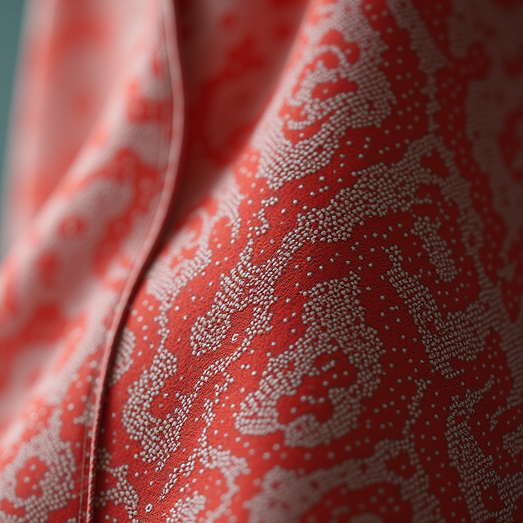 Close-up of a fabric with a detailed red and white pattern resembling dotted texture.