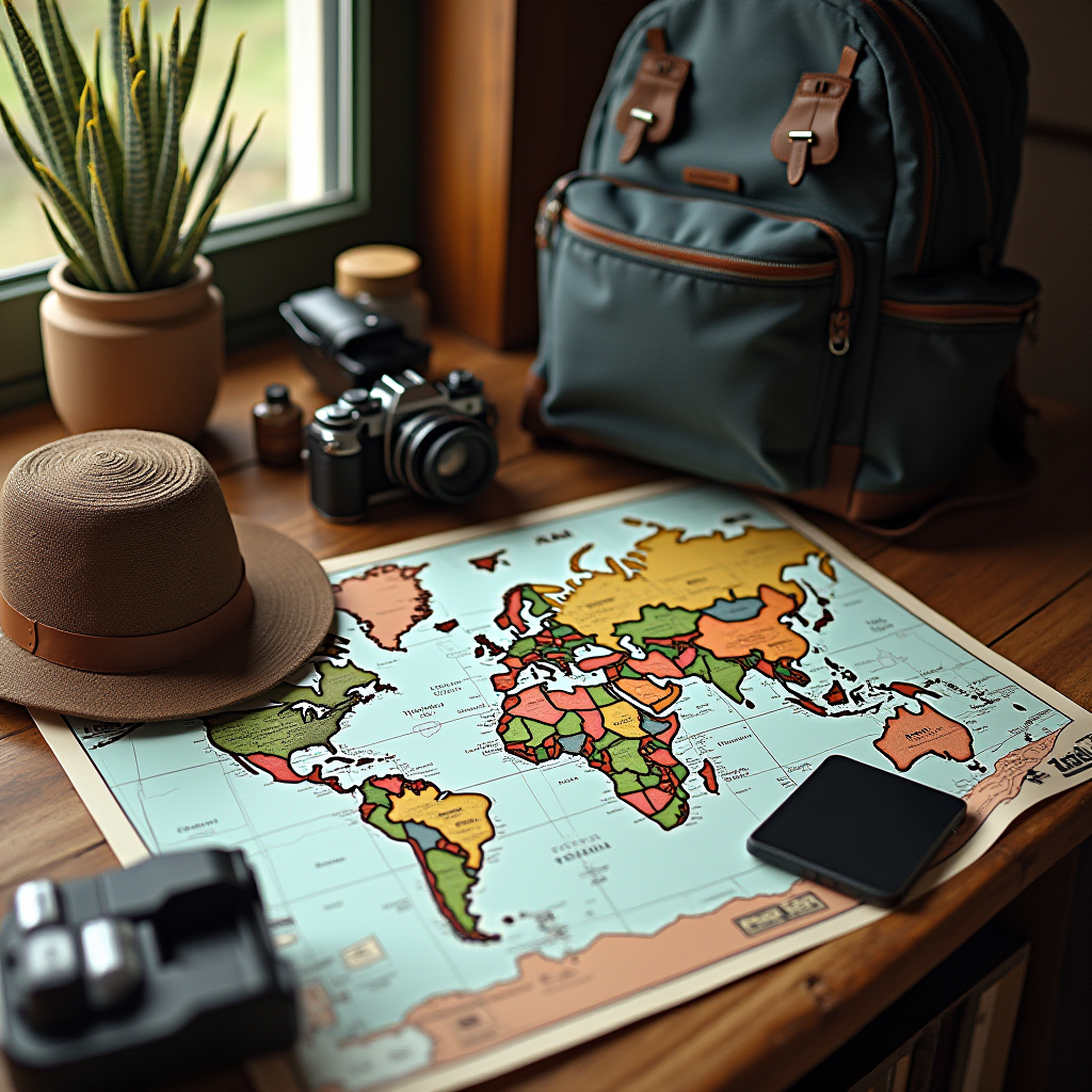 A cozy travel-themed setup featuring a world map, backpack, fedora, camera, smartphone, and plant by a window.