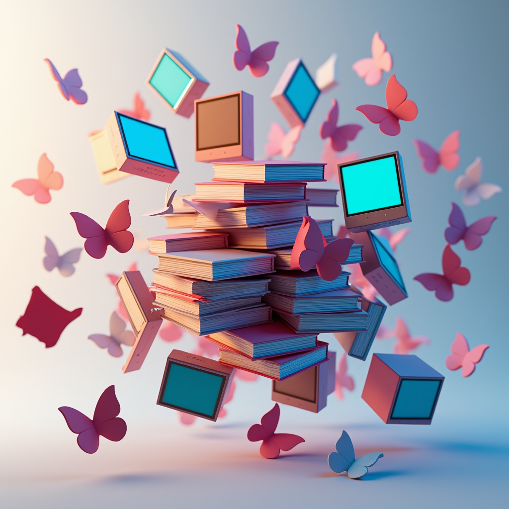 A whimsical scene of books and retro monitors surrounded by vibrant butterflies, symbolizing the transformation of knowledge and technology.