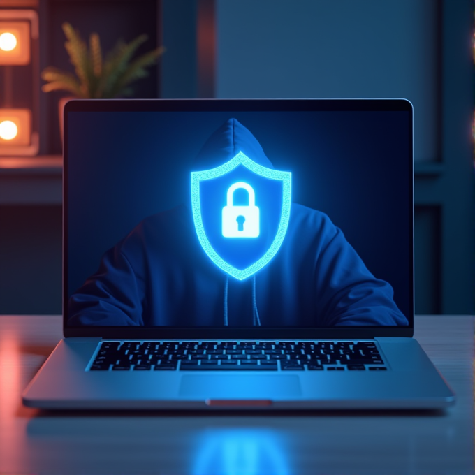 A laptop screen displays a glowing lock symbol over a shadowy figure, representing cybersecurity.