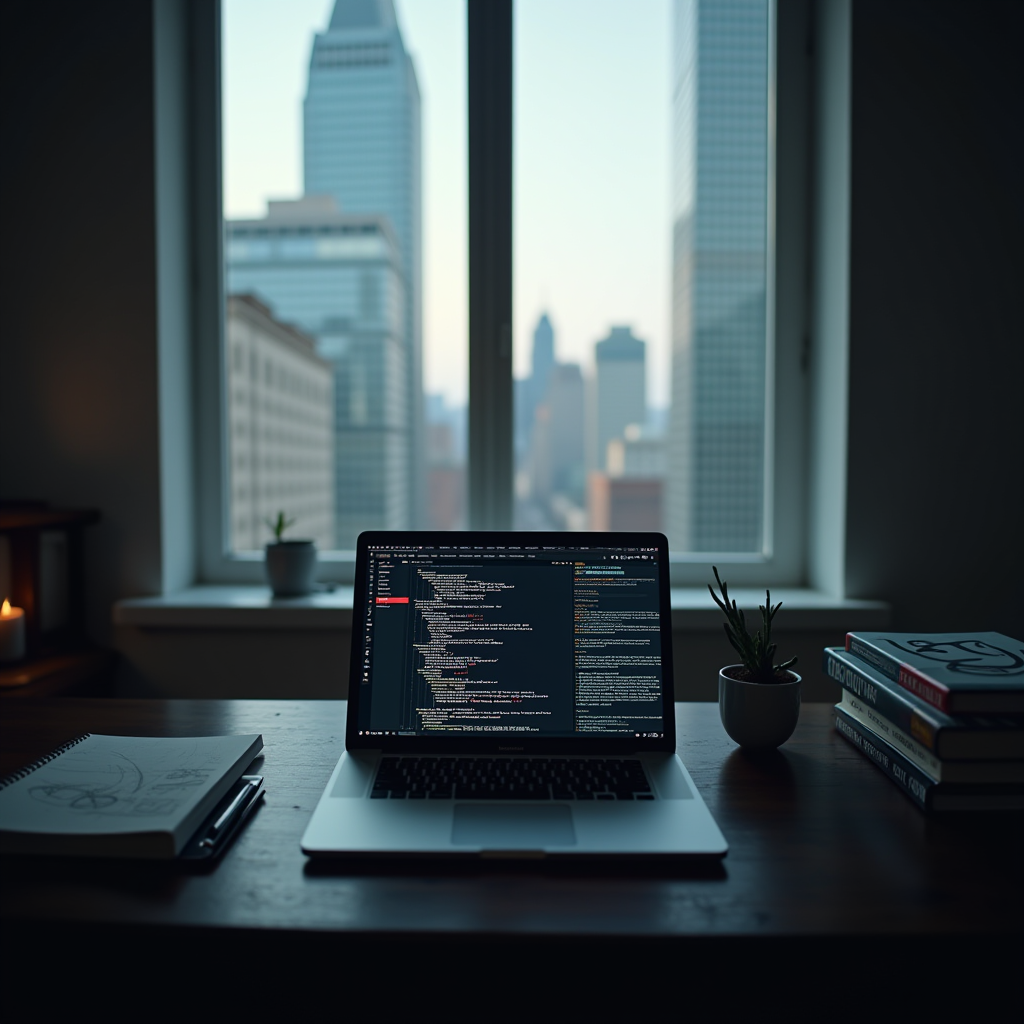 A laptop displaying code on a desk against a backdrop of a city skyline.