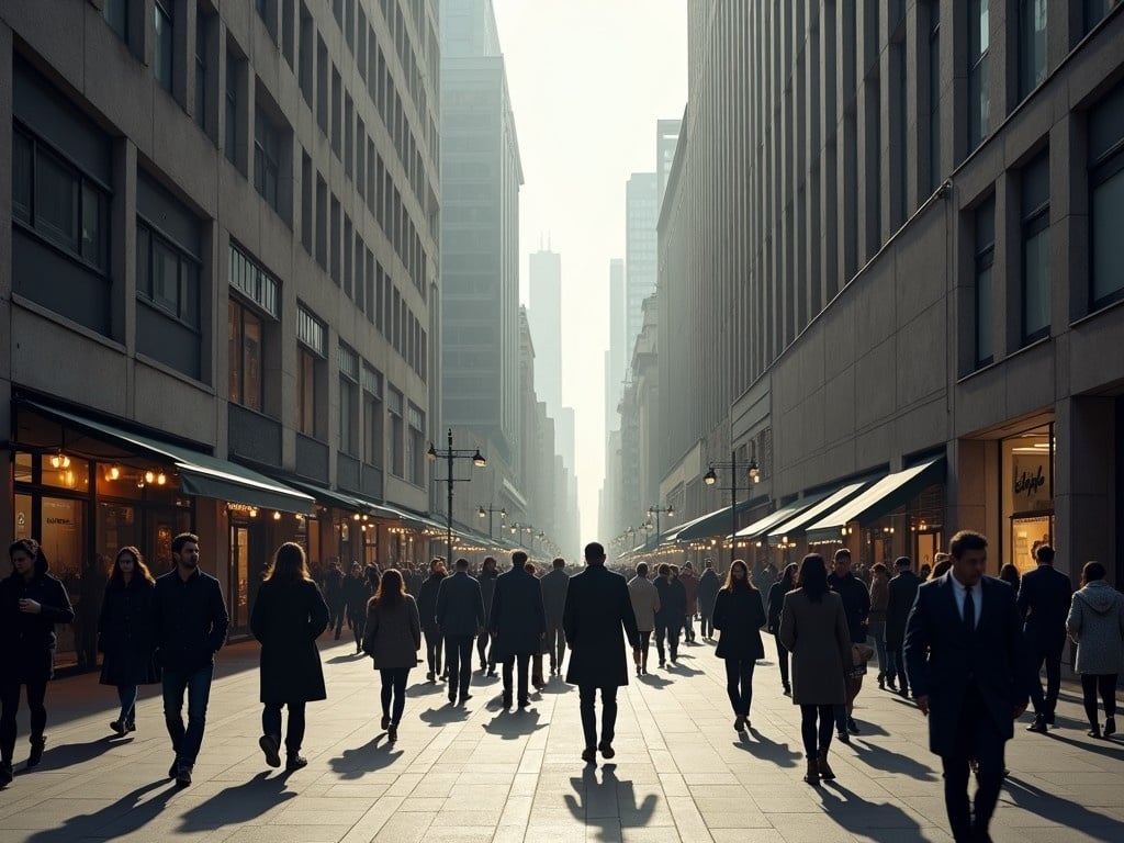 The image captures a busy urban street scene filled with people walking along a wide pedestrian pathway. Towering buildings line both sides of the street, creating a sense of depth. The day appears to be overcast, casting a muted light across the scene. Long shadows stretch from the people as they move through the space, emphasizing the quiet yet bustling atmosphere of city life. Shops and restaurants are visible on the ground level, indicating a vibrant commercial area.