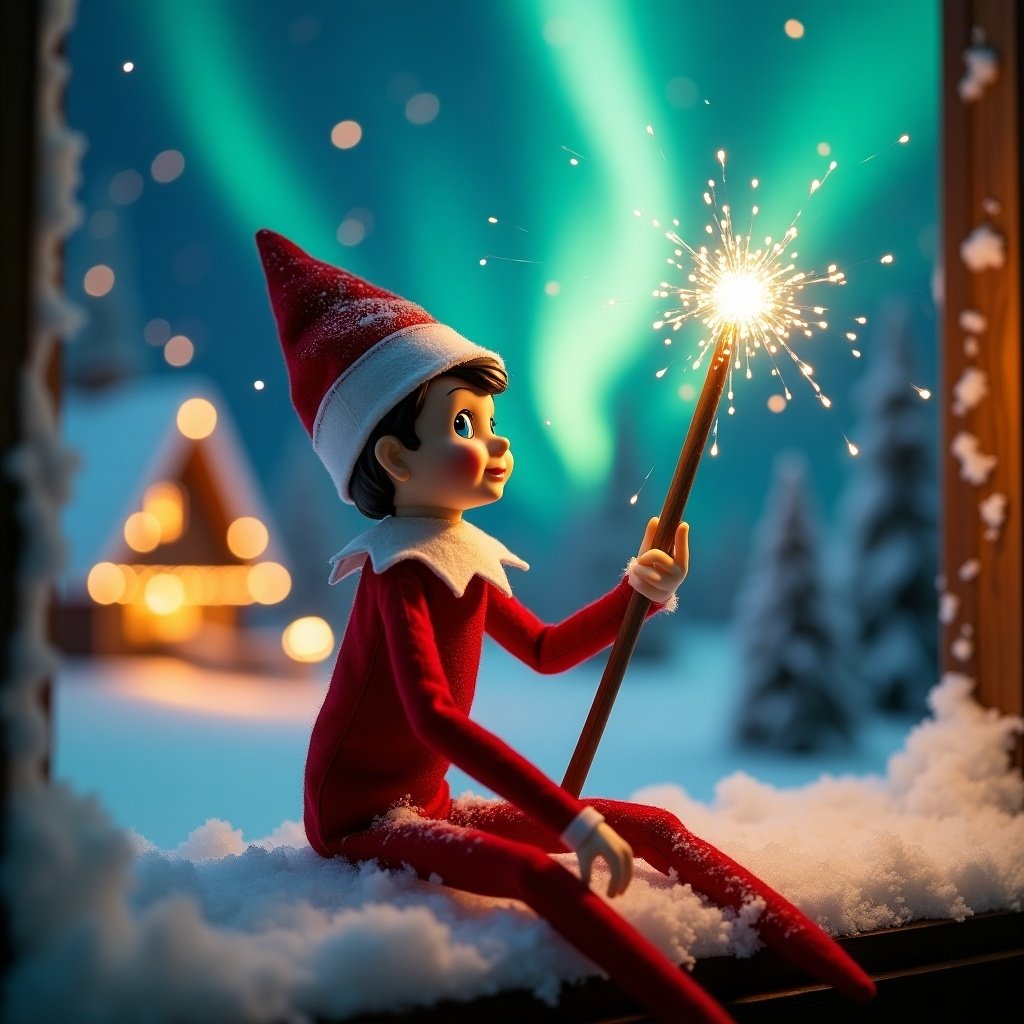 This captivating image features a magical elf on the shelf, embodying the spirit of Christmas. The elf, dressed in vibrant red and white attire, sits in a playful position on a snow-covered window ledge. It gazes skyward while holding a sparkling wand that lights up with magical energy. Outside, a charming winter landscape unfolds with a cozy house decorated for the holidays, set against the backdrop of swirling colorful northern lights. The scene evokes a sense of wonder and holiday cheer, making it a perfect representation of Christmas magic.