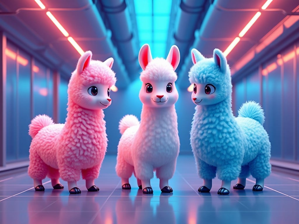 This is a vibrant 3D render featuring three cute llamas: Gemini, Cloude, and GPT. They are set in a futuristic environment with neon lights that create a dynamic atmosphere. The llamas are fluffy and stylized, with bright colors adding to their appeal. The background consists of shiny metallic surfaces and a blue cybernetic theme. This scene encapsulates a fun and whimsical vibe, perfect for children's products or animated content.