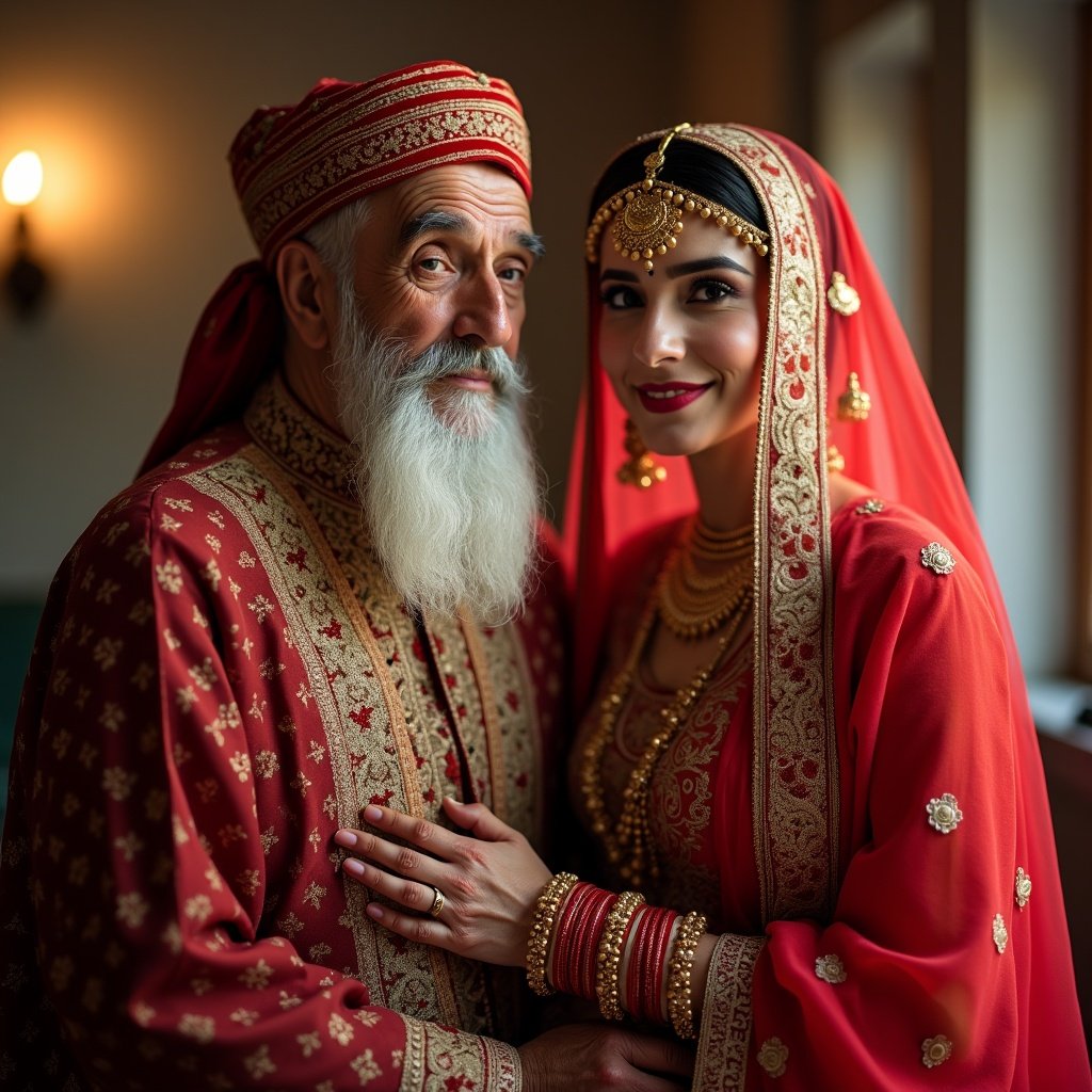 A couple dressed in traditional red and gold attire, celebrating cultural heritage.